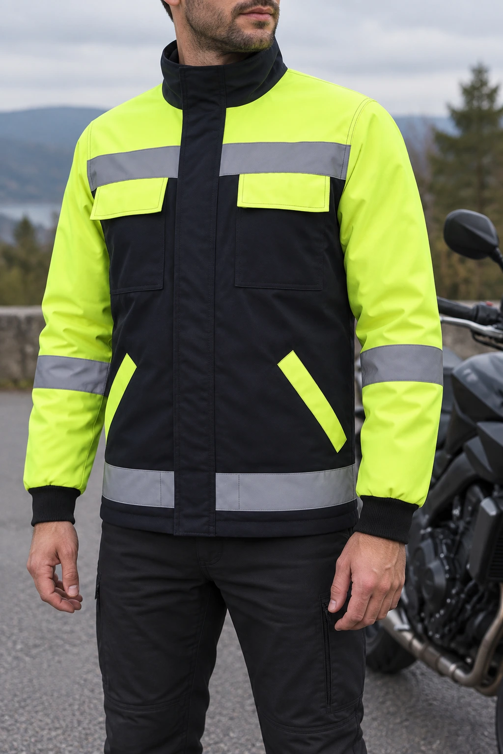 Lacivert Sarı Elyaflı Mont — motosiklet yanında kullanım konsepti