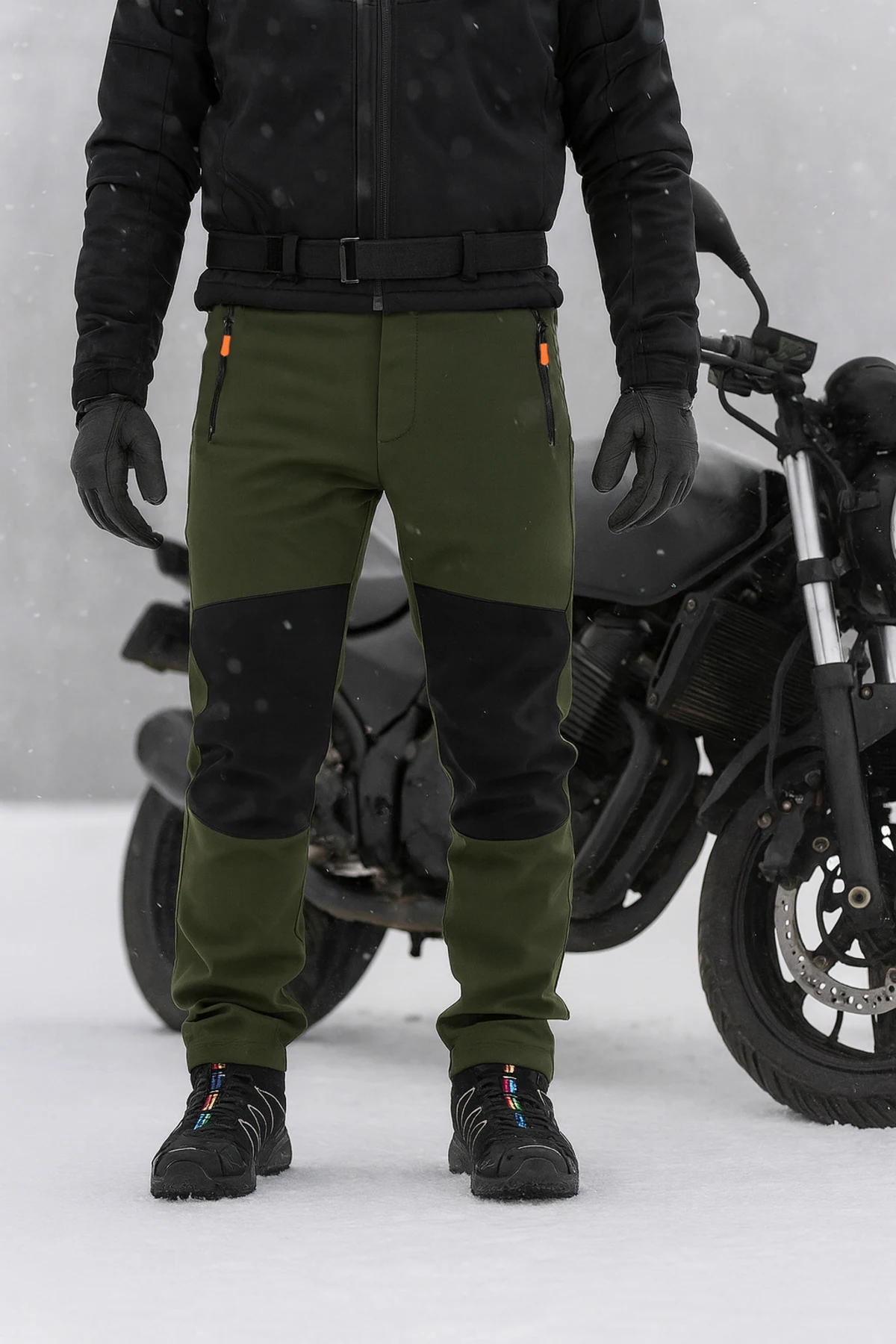 Haki Siyah Polarlı Softshell Pantolon — motosiklet yanında kullanım konsepti
