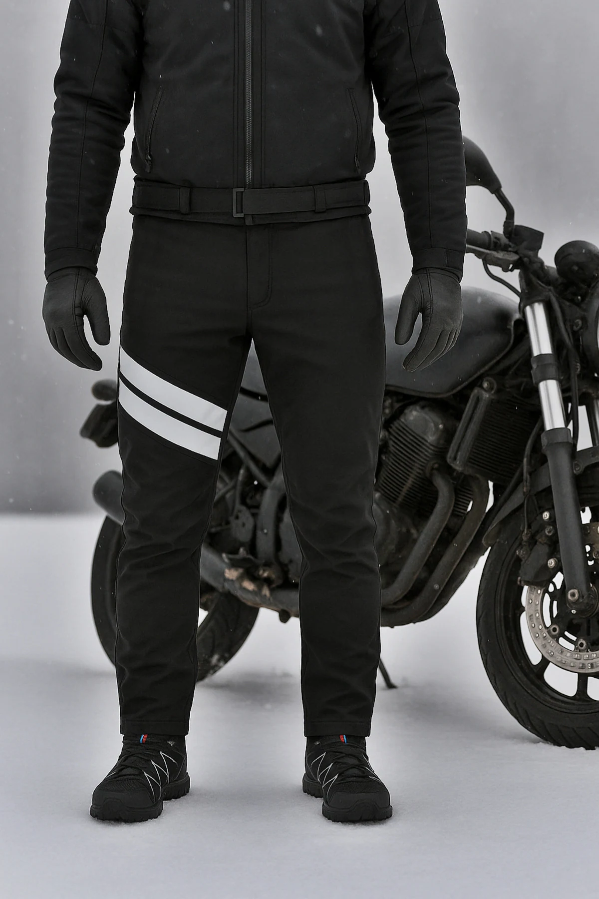 Siyah Reflektörlü Elyaflı Pantolon — motosiklet yanında kullanım konsepti