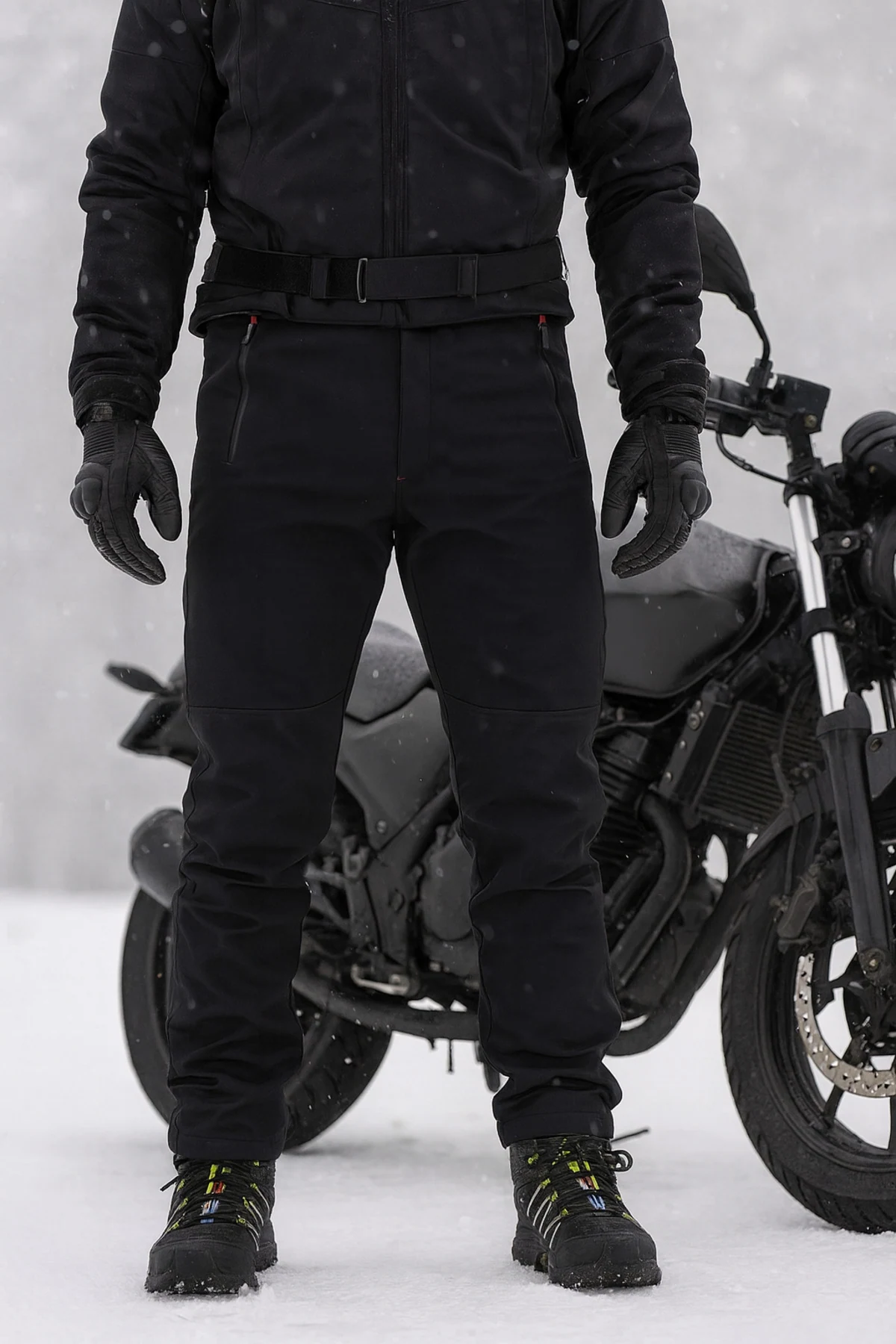 Siyah Polarlı Softshell Pantolon — motosiklet yanında kullanım konsepti