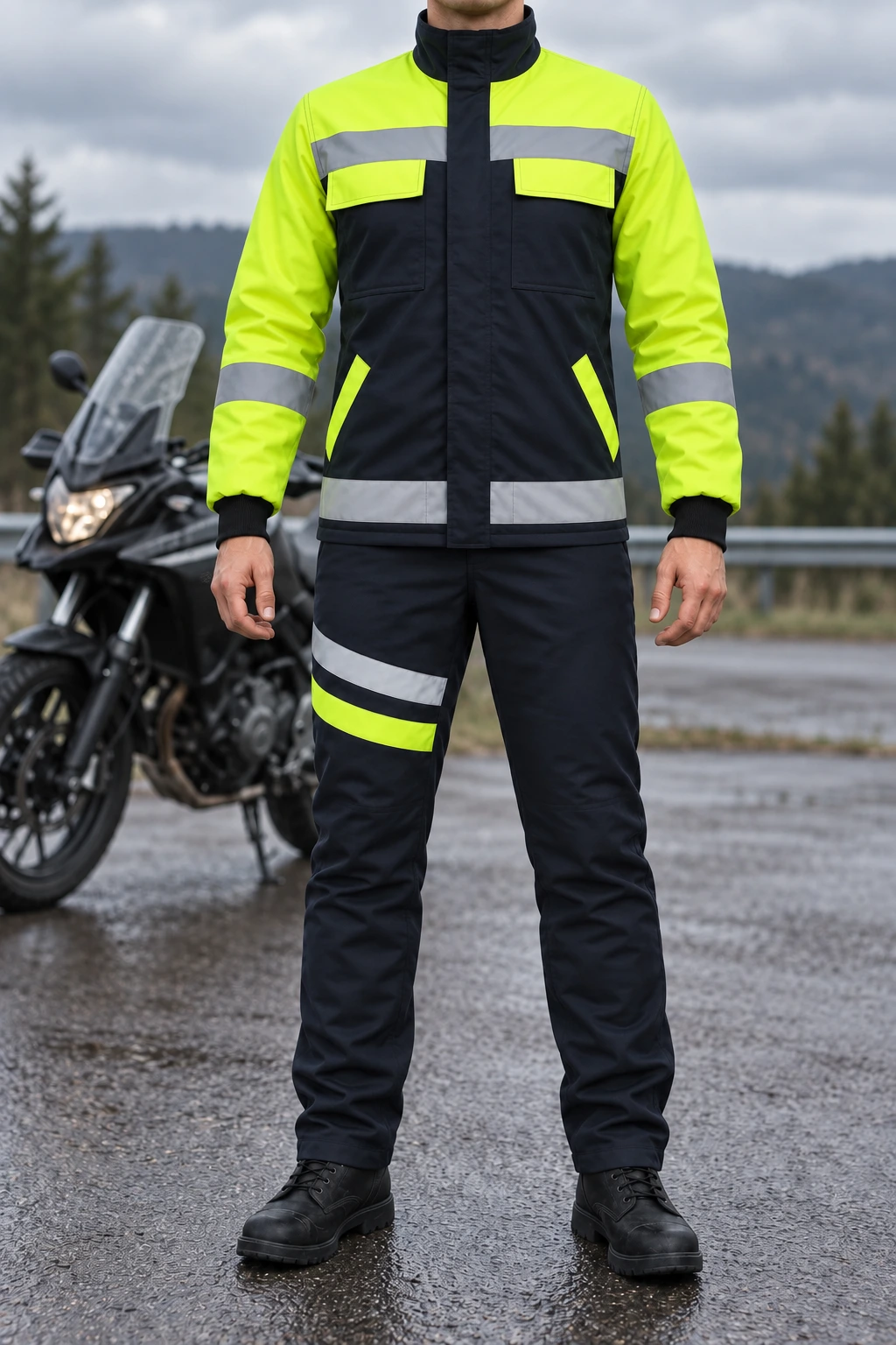 Sarı Lacivert Reflektörlü Mont ve Pantolon Takımı — motosiklet yanında kullanım konsepti